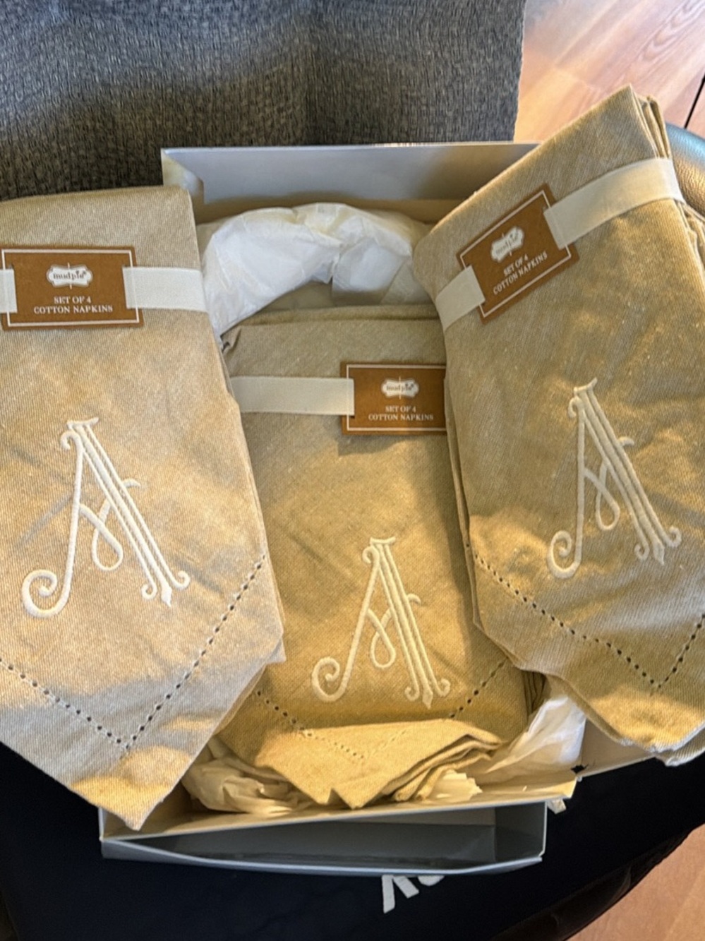 12 Mud Pie Beige Cotton Napkins with White Monogram